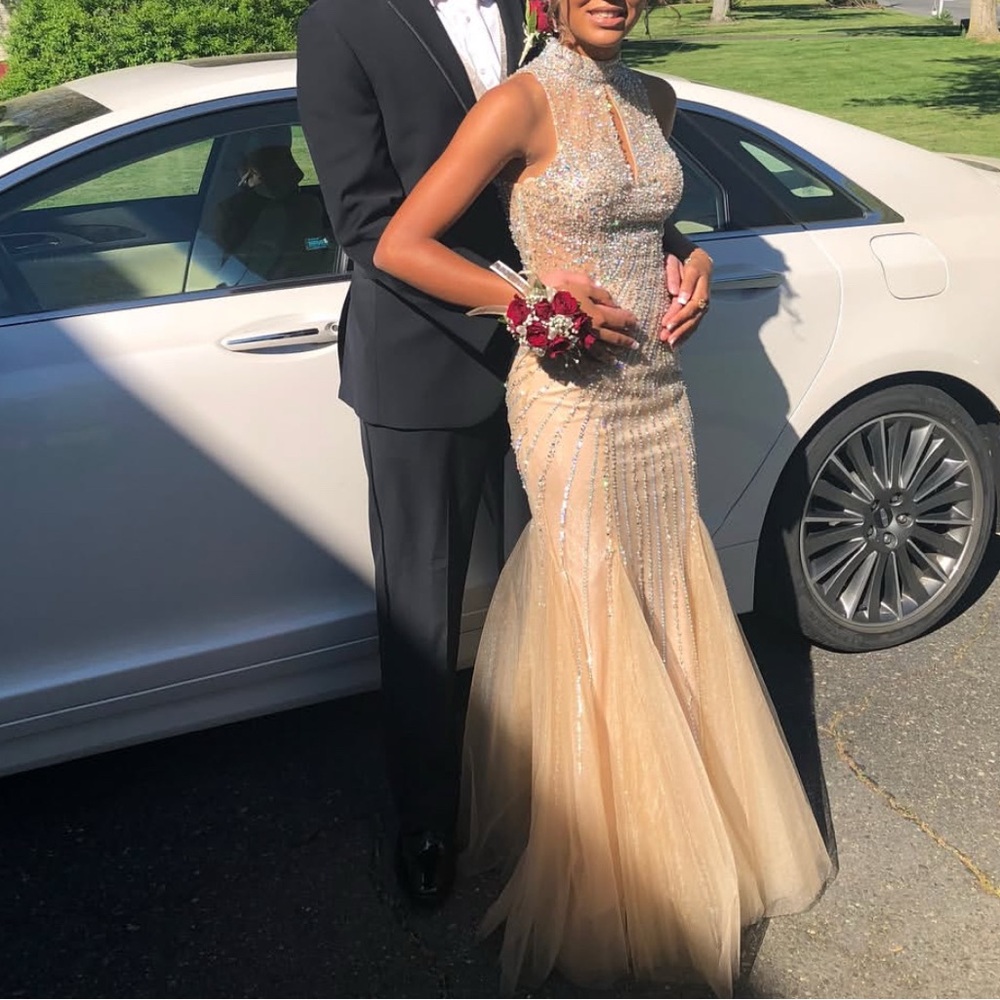 Camille La Vie Cream Sequin Embellished Prom Gown